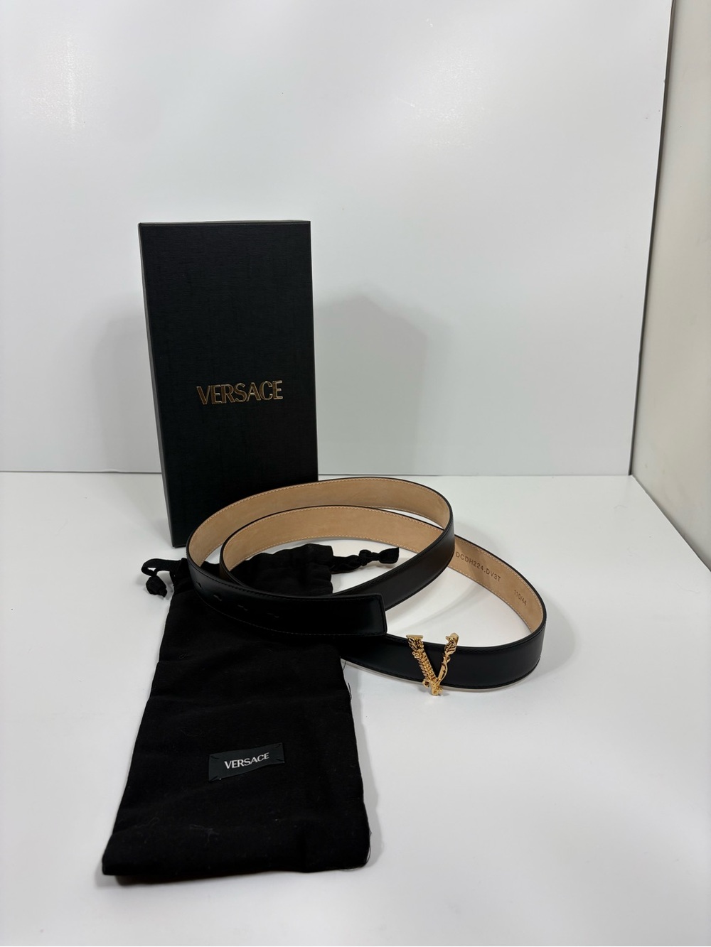 Versace Black Leather Belt with Gold V Chain Buckle